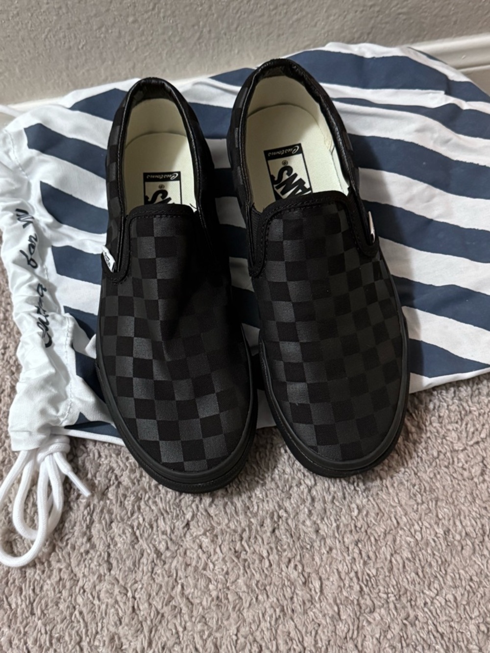 Vans Classic Slip-On Checkerboard Men’s Shoes - Black on Black - Custom Vans